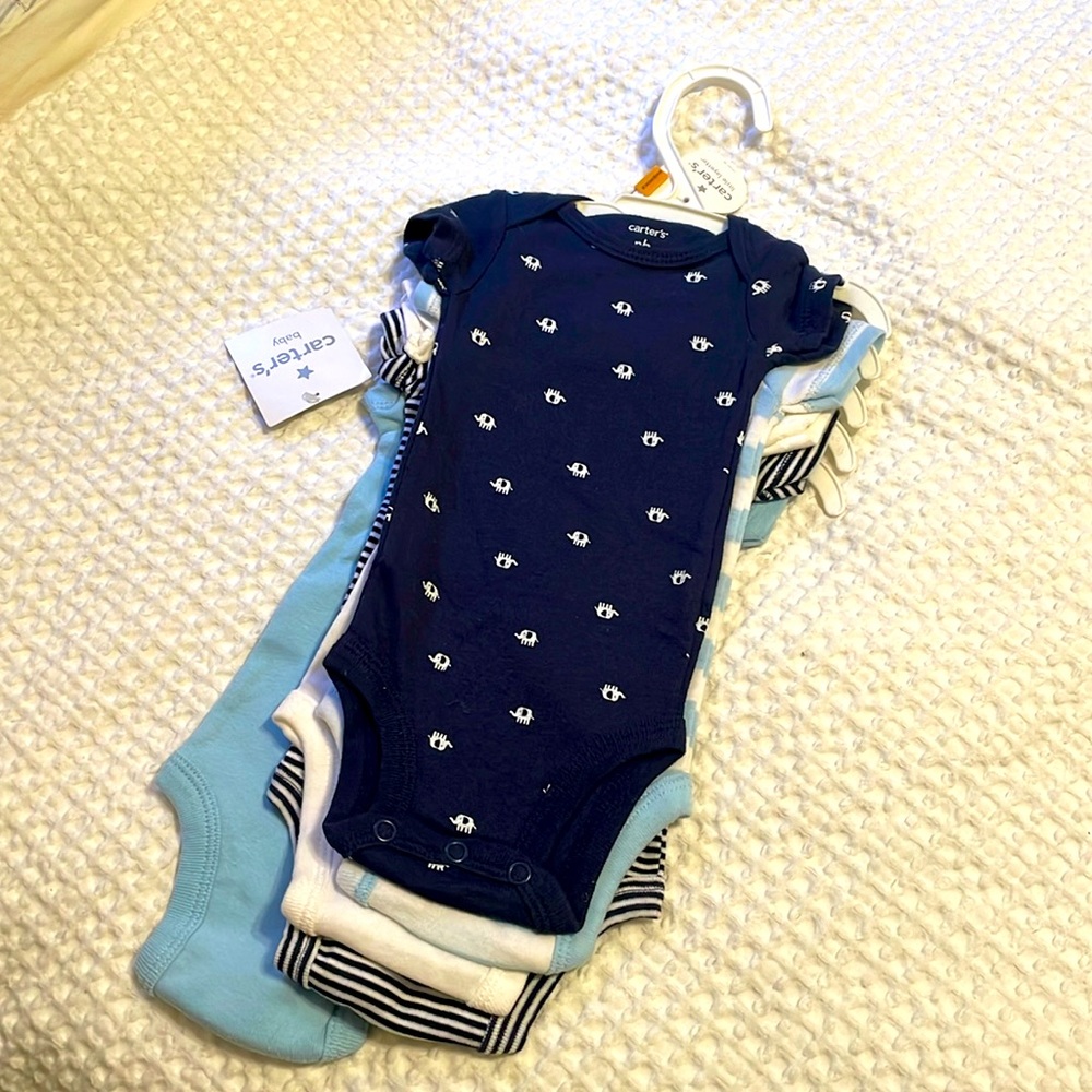 NWT Carter’s newborn baby onesie set of 5 blue stripe + elephant theme. NB suits